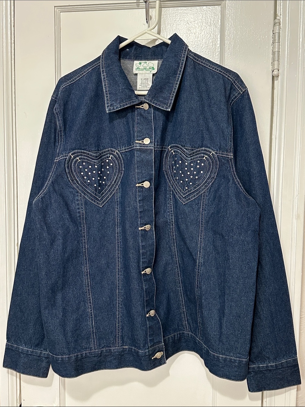 Vintage Quacker Factory Denim Jacket Rhinestone Bling Heart Pockets Size XL